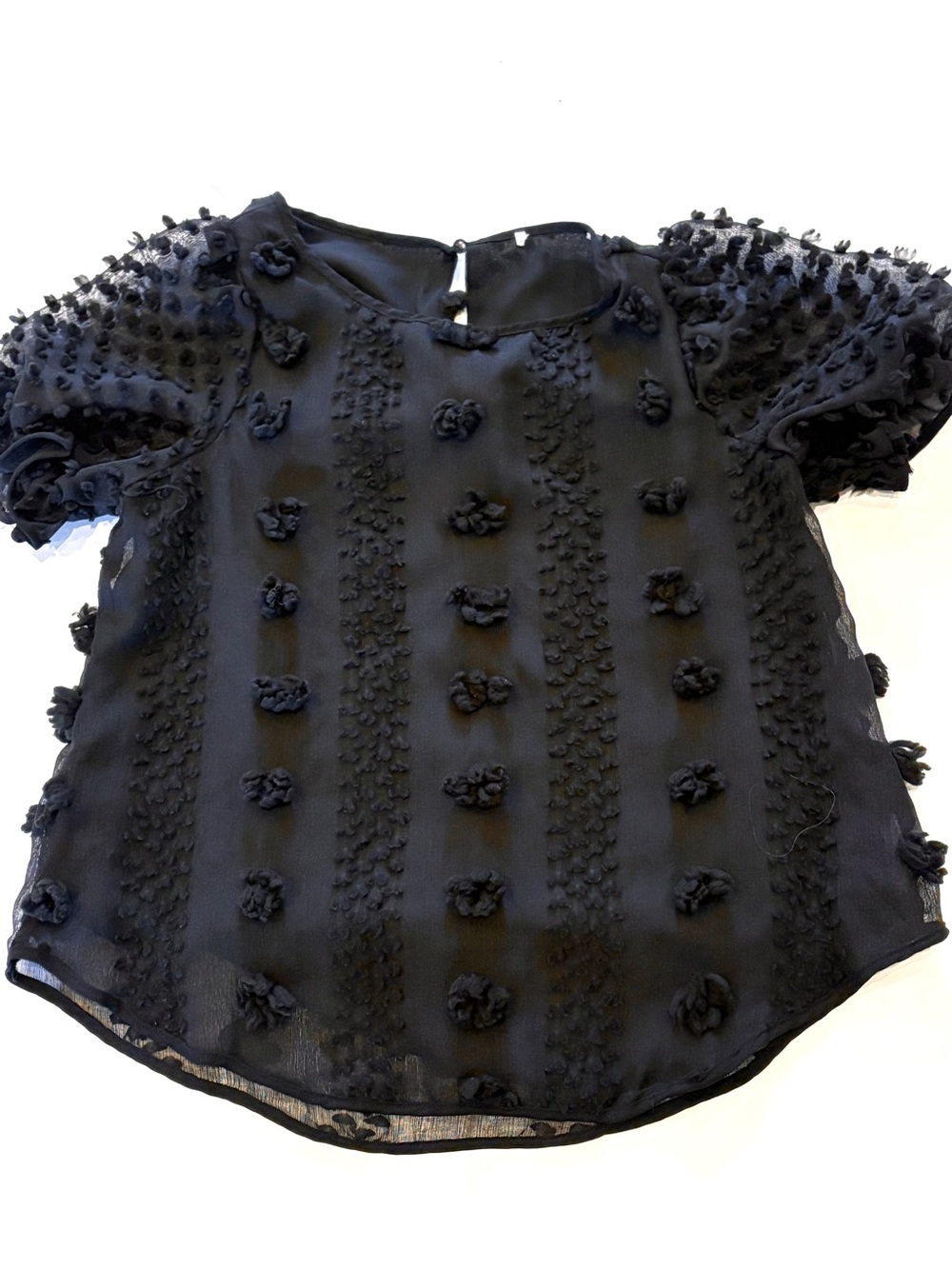 Black Puff-Sleeve Rosette Blouse